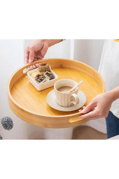 Generic Round Wooden Serving Tray with Handles 25c*25c