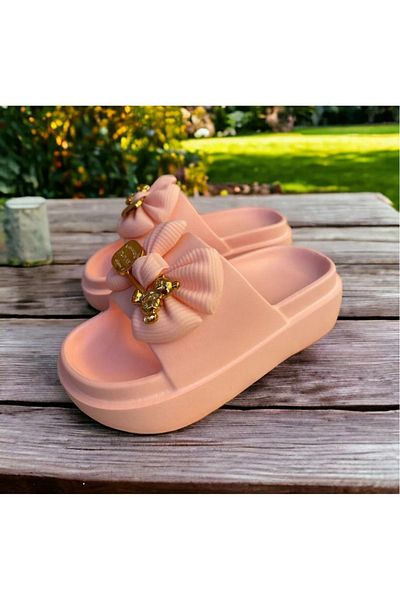 PLN SHOES Women's Pink Bow Detailed Luxury Daily Beach Sea Pool Slippers