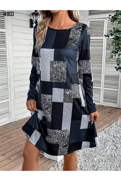 JANES Rochie de damă, cu mânecă lungă, cu gât rotund, cu model geometric