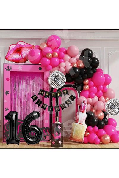 CUGY LIPSTICK DISCO BALL CONCEPT BIRTHDAY PARTY SET IN FUCHSIA BLACK COLORS