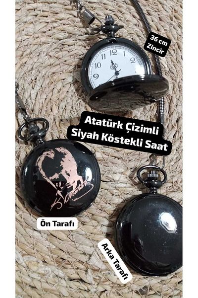 Brality Ataturk Drawing Patterned Black Watch - 36 cm Chain, Chain - 0053