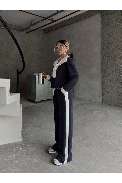 sportiness Modal Fabric Training Suit Wide Legs with Clutch Collar Button Strip Detail