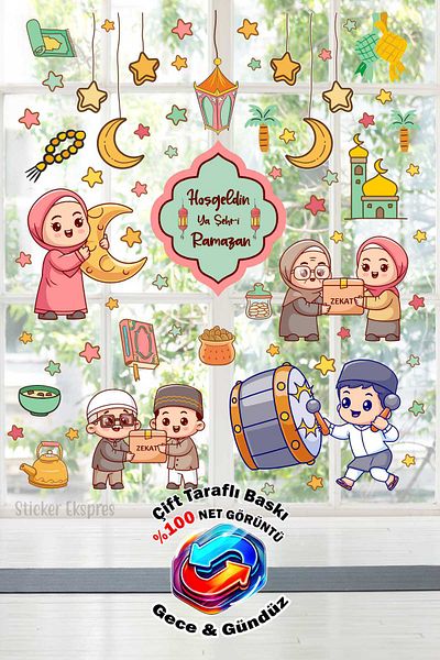 Sticker Ekspres Double Sided Printed Children's Ramadan Joy Glass Sticker Set / Ramadan Ornaments