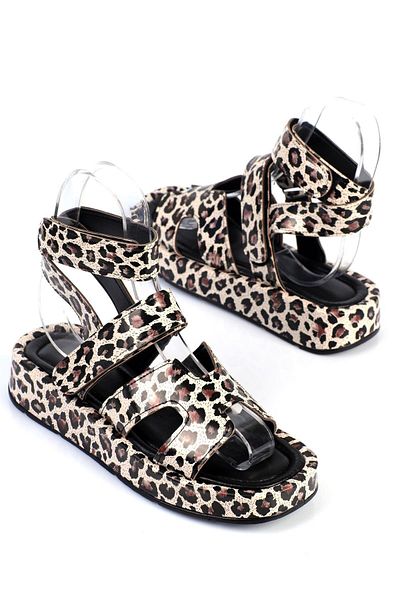 ShoeTek Sandale Ebbe pentru damă - imprimeu leopard, curea și înfășurare la gleznă