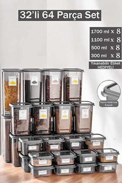 Home Dina 64 Parça Kare Erzak Ve Bakliyat Saklama Kabı Baharat Seti 8x(300ML5...