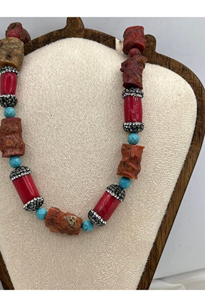 Yıldız Accessory Natural Stone Look Zircon Stone Handmade Wooden Bead Necklace