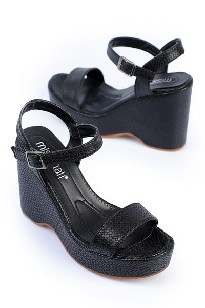 ShoeTek Brenna Black Leather Women's Sandals - Wedge Sole and Tape Detail