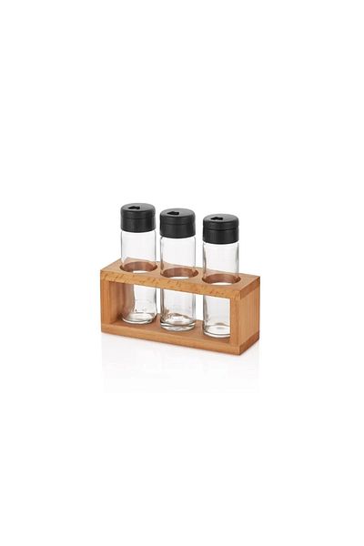 KukiWood 3-Piece Salt Shaker Pepper Shakers Set Spice Rack, Spice Rack with Wooden Stand