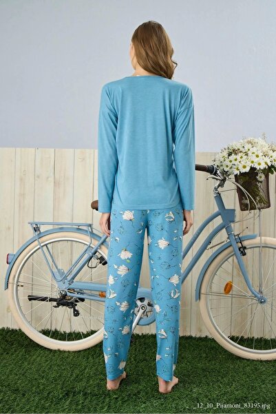 Pijamoni Polyviskon Uzun Kollu Mavi Pijama Takımı - 7300