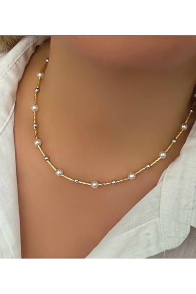 mibrillo İncili gold boru, gümüş dorikalı kolye