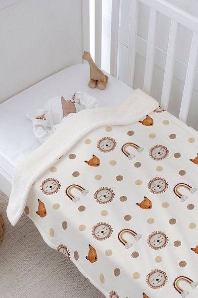 Tuğba Kuğu Plush Double Face Blanket (80X120) - Iconic - Vintage Lion And Rainbow