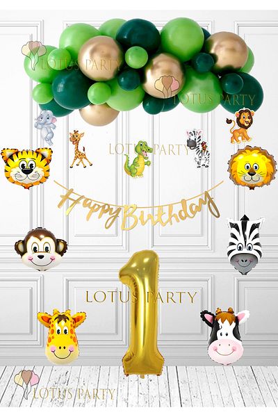 LOTUS PARTY Safari Γενέθλια Concept - 6 Τεμάχια Safari Μπαλόνι - 5 Τεμάχια Safari Μπανέρ - Χρυσό Χαρούμενα - 1 Έτος