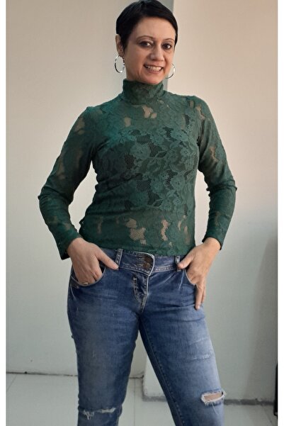 Mertcan Butik Green Turtleneck Long Sleeve Lace T-Shirt Badi