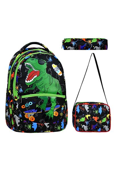Çanta Trend Geantă de școală din 3 piese pentru școala primară cu model de dinozauri, nutriție pentru băieți și suport pentru stilouri