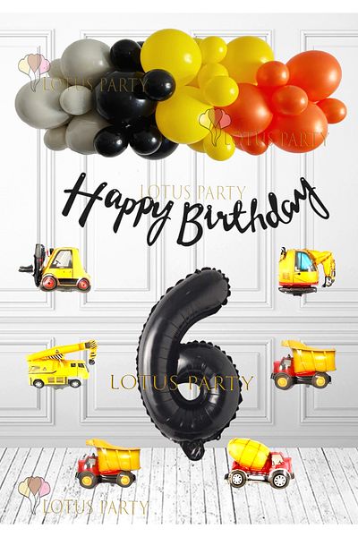 LOTUS PARTY Construction Concept Birthday Set - Business Machinery Foil Balloon - Orange Black Yellow Gray Balloon Age 6