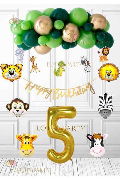 LOTUS PARTY Safari Γενέθλια Concept - 6 Τεμάχια Safari Μπαλόνι - 5 Τεμάχια Safari Μπανέρ - Χρυσό Χαρούμενα - 1 Έτος