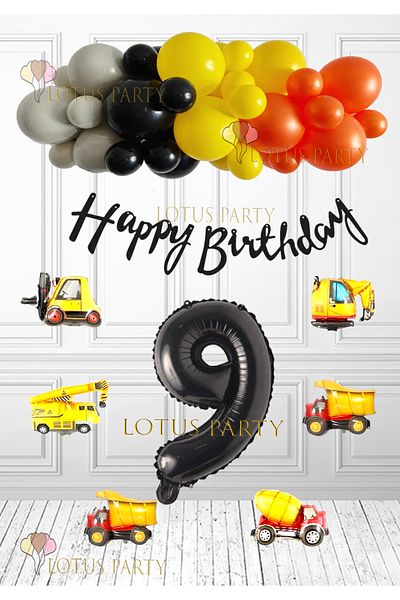 LOTUS PARTY Σετ γενεθλίων Construction Concept - Μηχανήματα εργασίας Foil Balloon - Πορτοκαλί Μαύρο Κίτρινο Γκρι Μπαλόνι Ηλικία 9