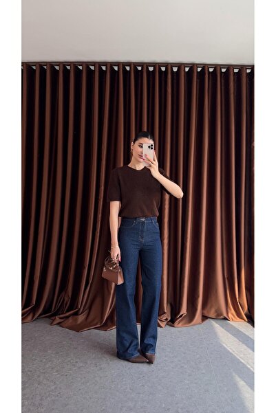 HAZELANNA Dark Navy Blue Jeans with Brown Stitching