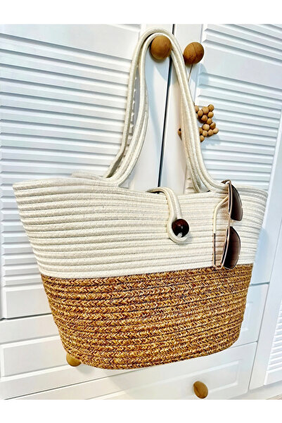 Comfort Craft Γυναικεία τσάντα παραλίας από φυσική ψάθινη γιούτα πλεκτή μπεζ-κρεμ Τσάντα παραλίας