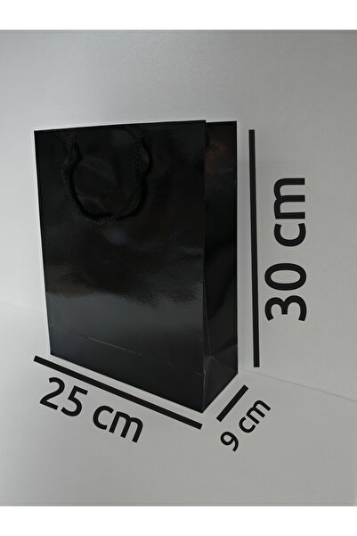 arminow PARLAK SİYAH RENK İPLİ KARTON ÇANTA - 25x30x9 CM - 3 ADET - Ç075