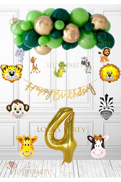 LOTUS PARTY Safari Γενέθλια Κόνσεπτ - 6 Τεμάχια Σαφάρι Μπαλόνια - 5 Τεμάχια Σαφάρι Πανό - Χρυσό Χαρούμενο - 4 ετών