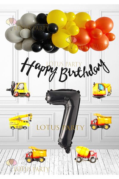 LOTUS PARTY Σετ γενεθλίων Construction Concept - Μηχανήματα εργασίας Foil Balloon - Πορτοκαλί Μαύρο Κίτρινο Γκρι Μπαλόνι Ηλικία 7