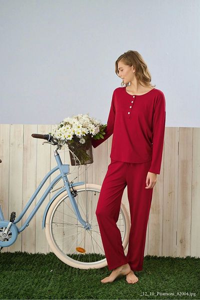 Pijamoni طقم بيجامة حمراء بأكمام طويلة من قماش دبلن - 5315