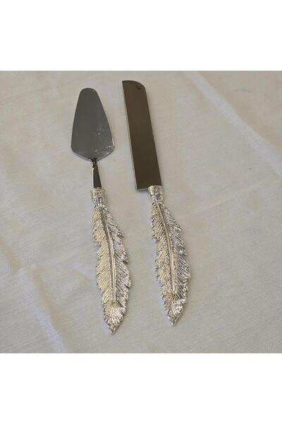 AlyaHomeAksesuar Silver Feather Model Cake Serving Spoon Set
