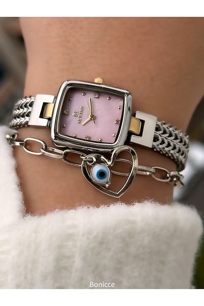 Reward 22*20mm Case - Women's Wristwatch with Silver Steel Band, Pink Dial and Bracelet Gift Valentine's Day