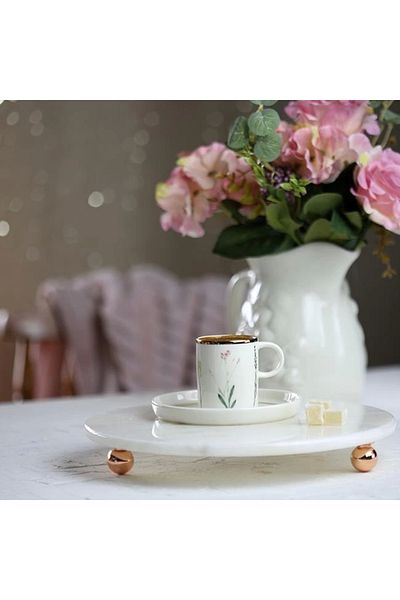 Akayev Marble 25 Cm Rose Gold Beaded White Round Presentation Stand