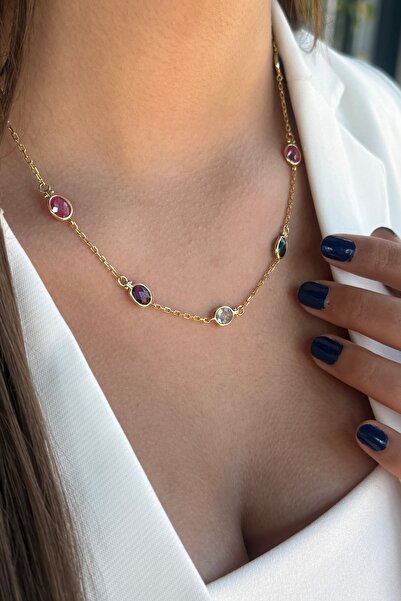 Utku Kuyumculuk 14 AYAR RENKLİ TAŞLI ELİŞİ ALTIN KOLYE