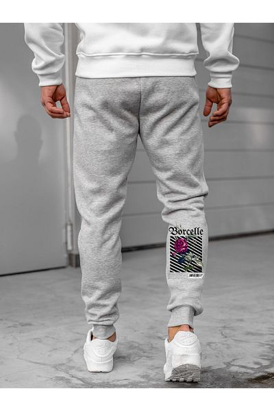 Relax family xf Ανδρικό παντελόνι Jogger σε γκρι Slim Fit - Skinny Leg, με στάμπα με δύο κλωστές
