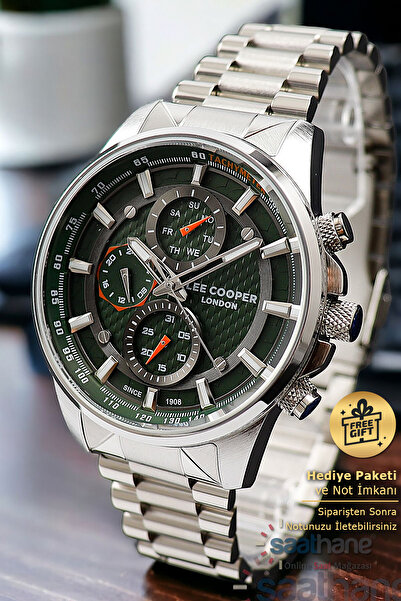 Lee Cooper Orijinal Multifonksiyon Takvimli Yeşil Kadran Çelik Erkek Kol Saati