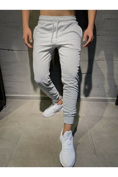 DEEPSENCE Pantaloni de trening gri pentru bărbați, cu picior îngust, din bumbac pieptănat, cu croială subțire