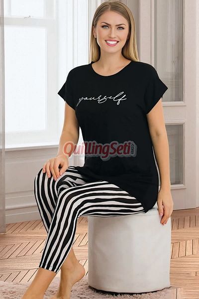 quilling Lady 12054 - Set pijamale de damă din bumbac cu dungi negre, Capri și jambiere