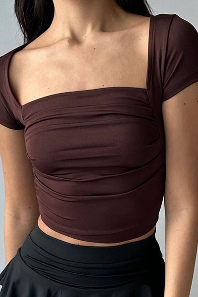 Edela Τετράγωνο γιακά μισό μανίκι Shiring Crop μπλούζα 5010