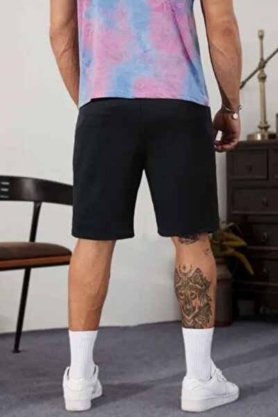 DEEPSENCE Erkek Siyah Penye Şort & Bermuda Kapri Yazlık Pamuklu Slim Fit Baskılı
