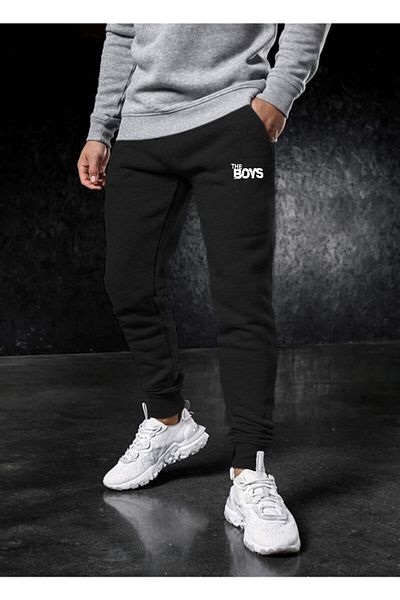 DEEPSENCE Pantaloni de trening negri groși pentru bărbați - imprimați, Jogger cu picioare subțiri, bumbac