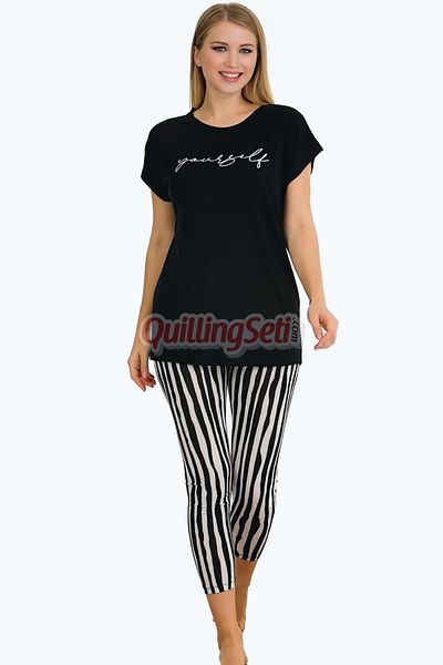 quilling Lady 12054 - Set pijamale de damă din bumbac cu dungi negre, Capri și jambiere