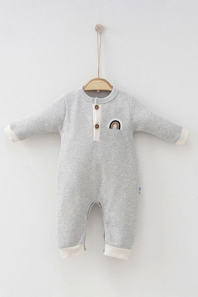 DEFNADA 3-9 Months Baby Boy Rompers Waffle Rainbow Embroidered Gray