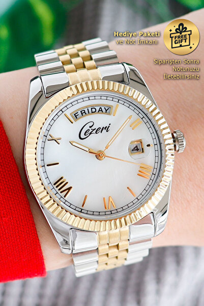 Cezeri Sedef Kadranlı Sarı Beyaz Çift Takvimli Kadın Kol Saati