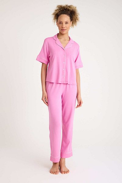 No52 HomeWear 90% Cotton 10% Elestan Pink Color Premium Quality Women's Short Sleeve Pajamas Set