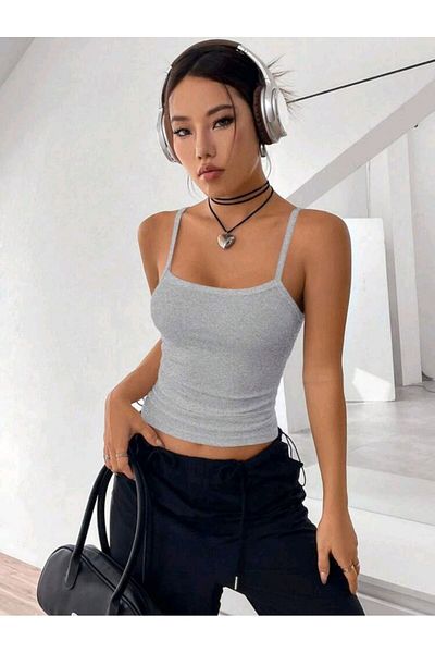Stail Moda Women's Gray Rope Strap Ribbed Camisole Athlete Women's Athlete Crop Camisole Sports Athlete New Generation Athlete2025