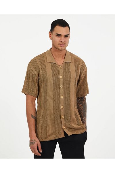 elkumoda Πλεκτό πουκάμισο Oversize - Κοντό μανίκι, αναπνεύσιμο, ανθεκτικό στον ιδρώτα, κλείσιμο με κουμπιά