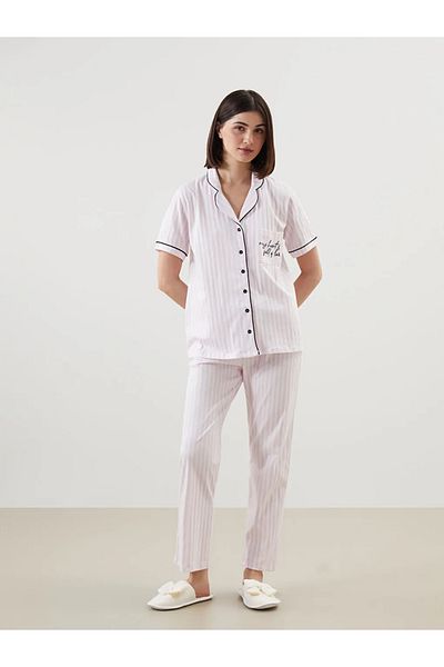 LC Waikiki Lcw Dream Ecru Shirt Collar Striped Women's Pajamas Set
