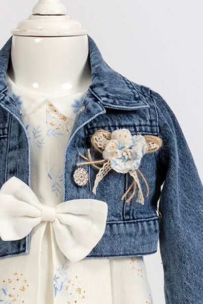 Bebüş Blue Floral Print Baby Girl Dress - Denim Jacket and Top Set 14138