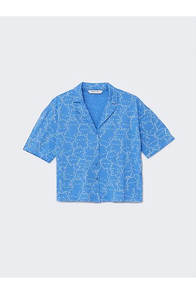 LC Waikiki Set de pijamale pentru femei LCW Young Blue cu guler de cămașă cu imprimeu și pantaloni scurți