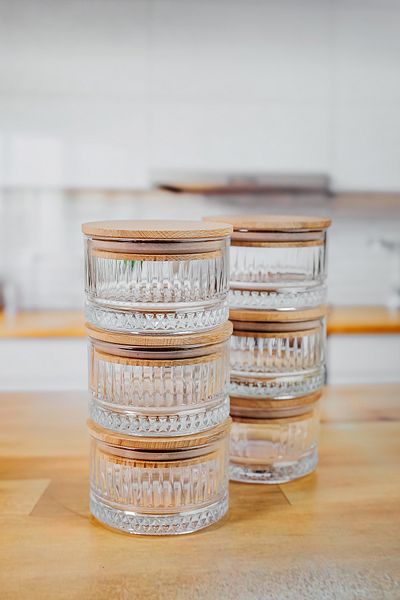 ZURİ DESİGN 6-Piece Wooden Vacuum Glass Storage Set - 225 ml for Breakfast and Snack Holder