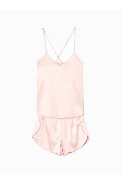 LC Waikiki Lcw Dream Pink V-Neck Satin Women's Shorts Pajamas Set