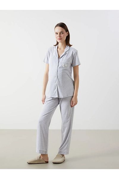 LC Waikiki Lcw Dream Gray Shirt Collar Printed Maternity Pajamas Set